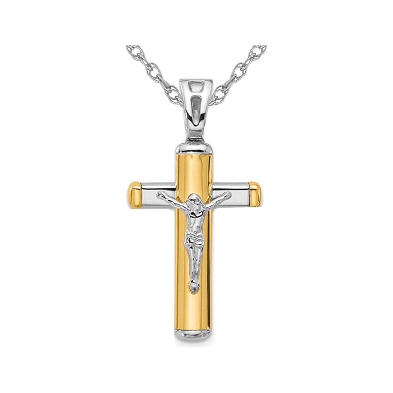Gem And Harmony 14K Yellow and White Gold Cross Polished Crucifix Pendant Necklace with Chain